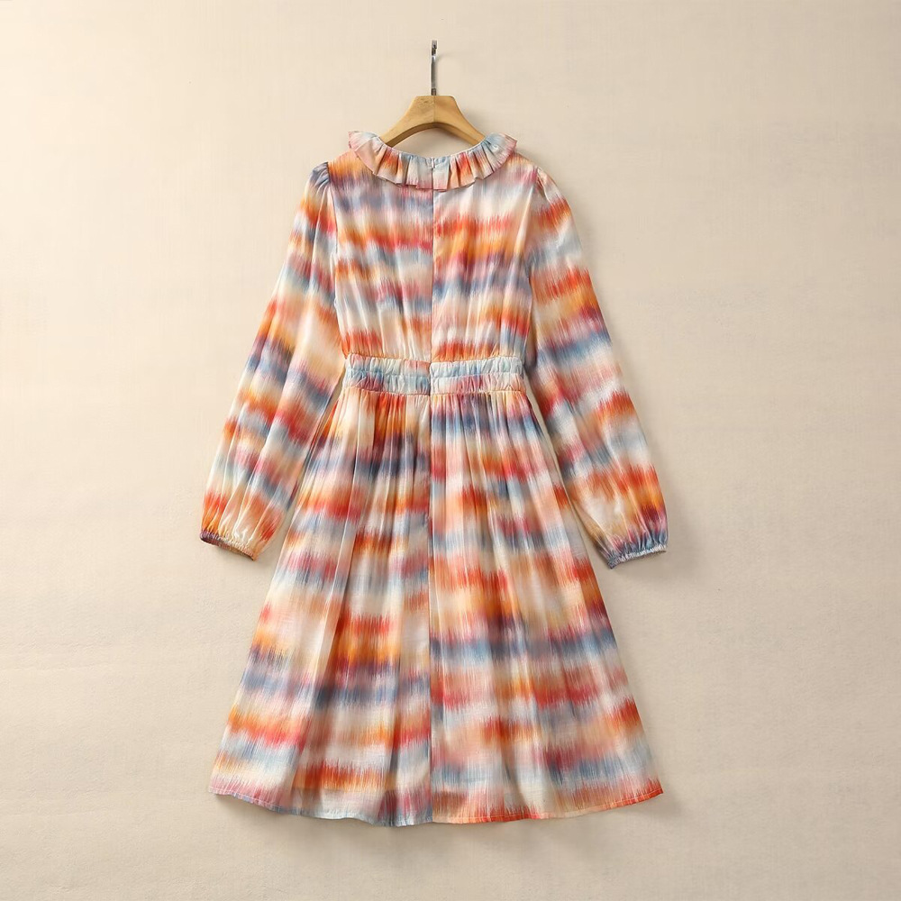 2024 Spring Multicolor Striped Print Dress Long Sleeve V-Neck Kne-Length Casual Dresses A4J09