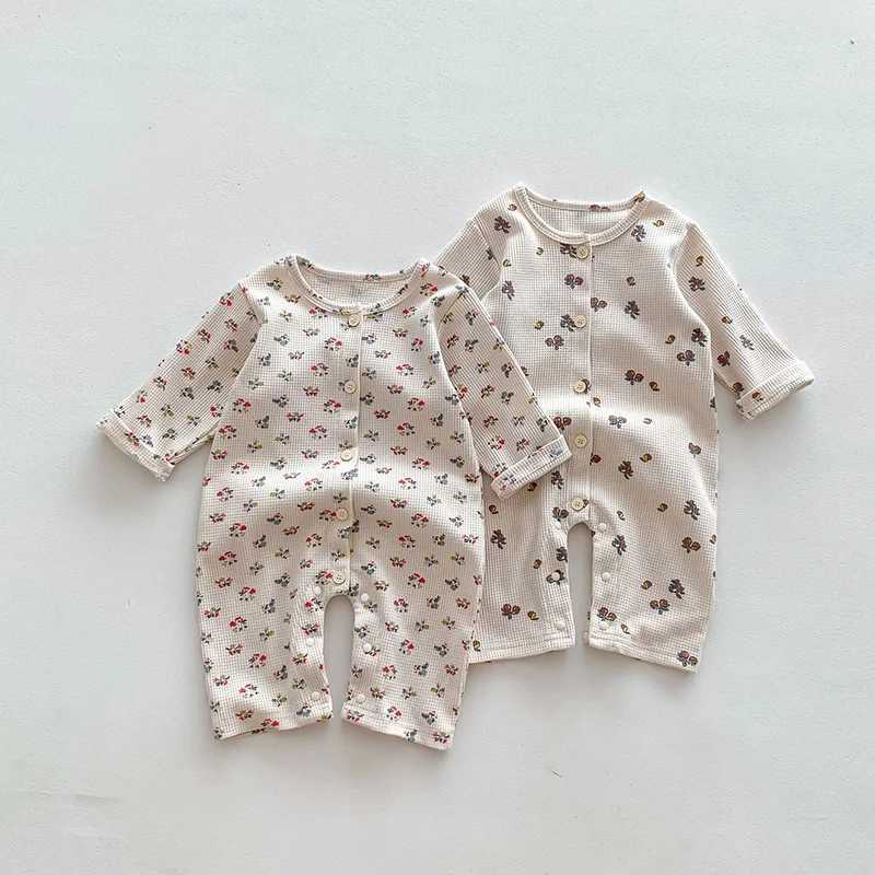 Pyjama's herfst nieuwe baby pyjama waffle slaper slijtage peuter binnenshuis kleding pyjama jumpsuit h240426