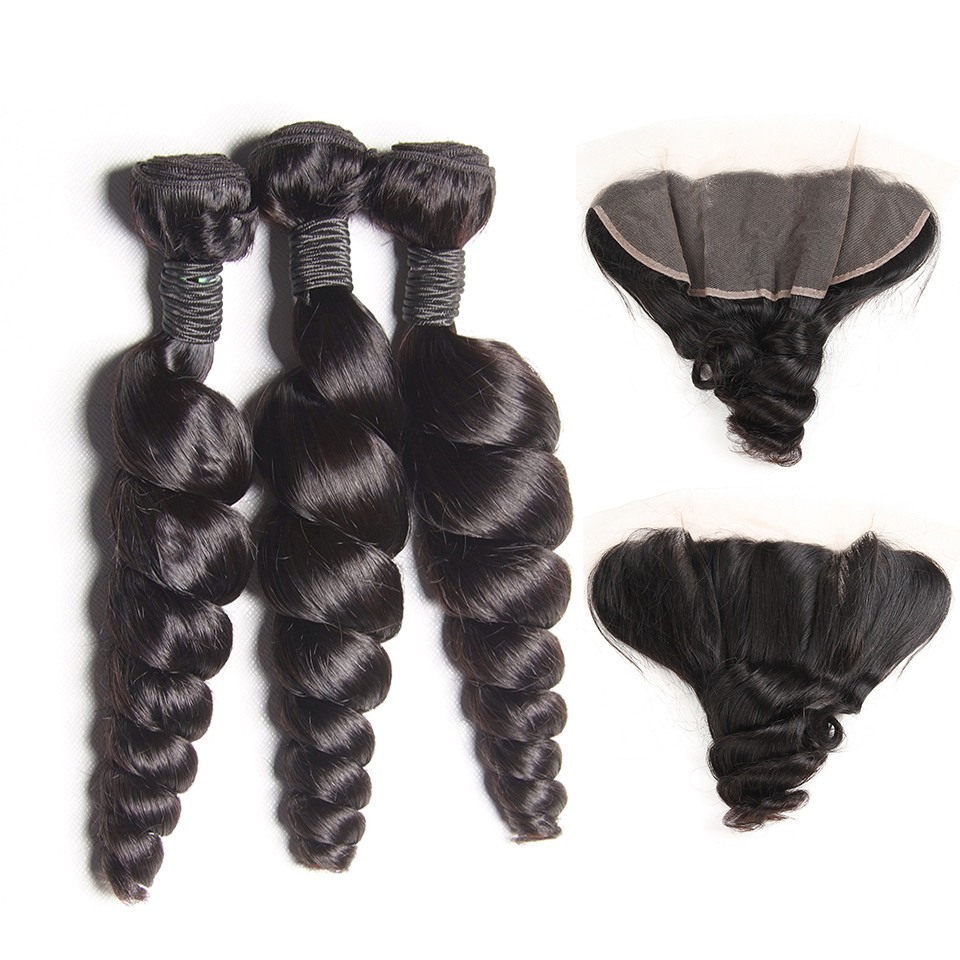 Brazilian Loose Wave Human Virgin Hair 3 Bundles with 13x4 Transparent Lace Frontal Ear to Ear Full Head Natural Color