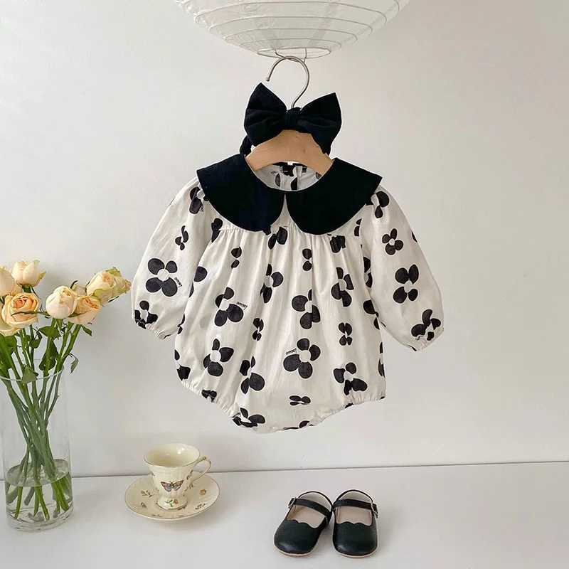 Rompers Body Body Flower Infant One Piece Long Mancheve Baby Clothes with Bandband H240426