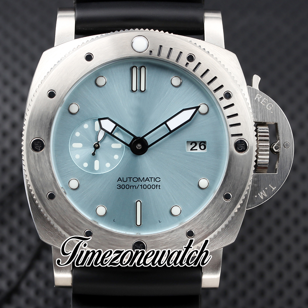 DJF V7 New Dive SUB Ice Blue 3255 Automatik-Herrenuhr, Stahlgehäuse, schwarzes Kautschukarmband, Herren-Lefty-Uhren, 47 mm, limitierte Auflage, Zeitzonenuhr Z04A