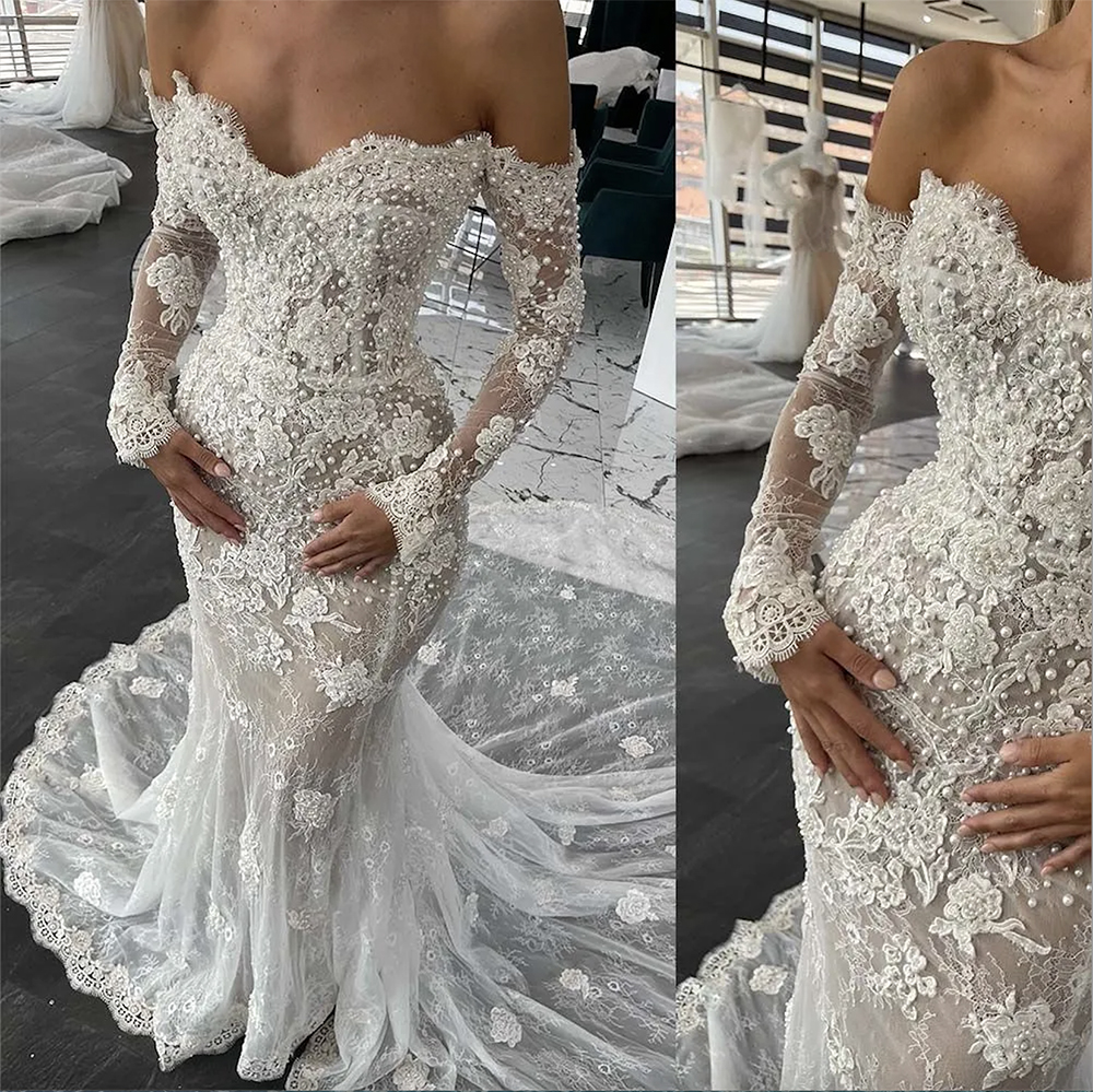 2024 Preciosos vestidos de novia de sirena Vestido de novia Mangas largas Apliques de encaje Perlas con cuentas fuera del hombro Por encargo Playa País Tallas grandes vestido de novia