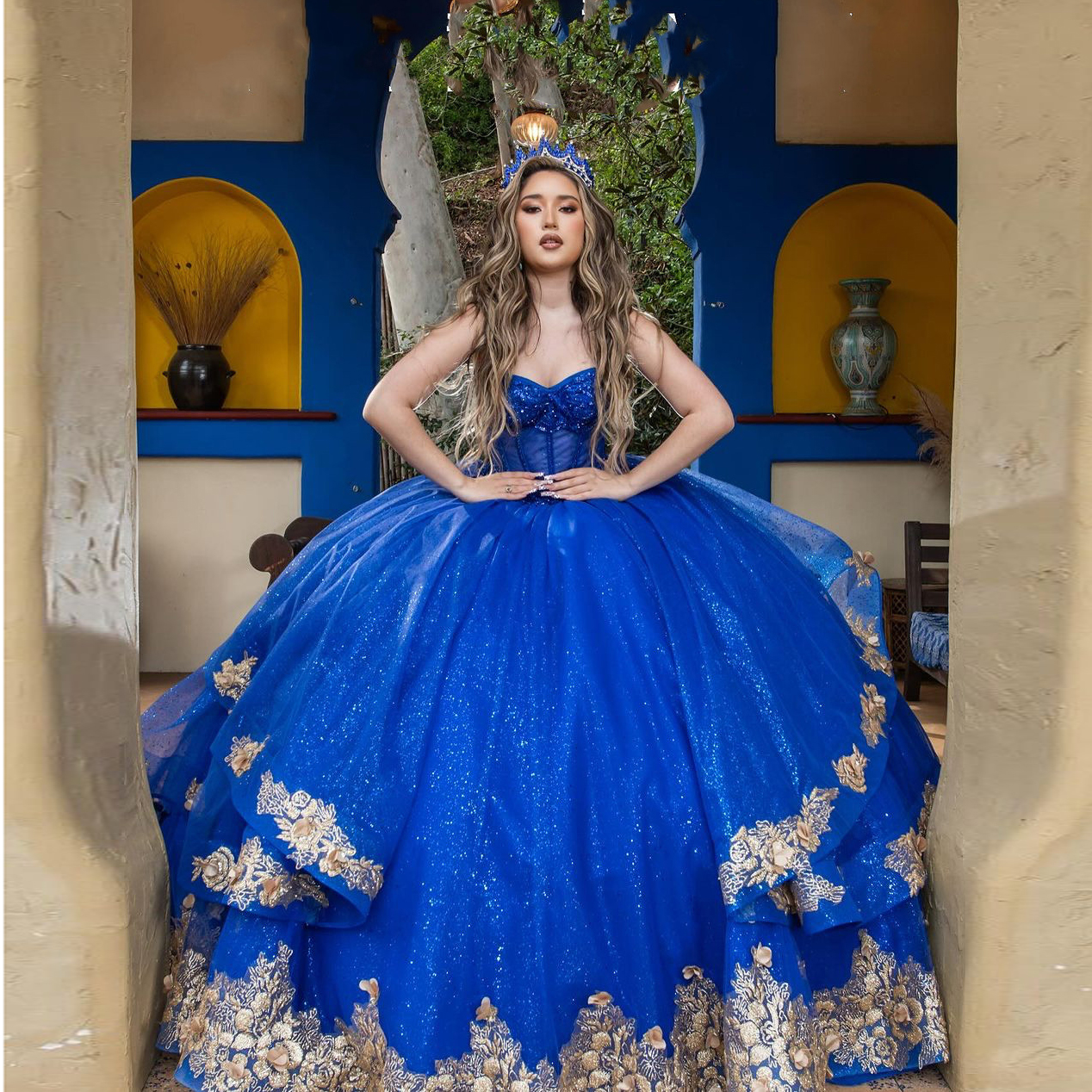Luxo azul real quinceanera vestido de baile apliques dourados rendas fora do ombro festa aniversário vestidos baile 15