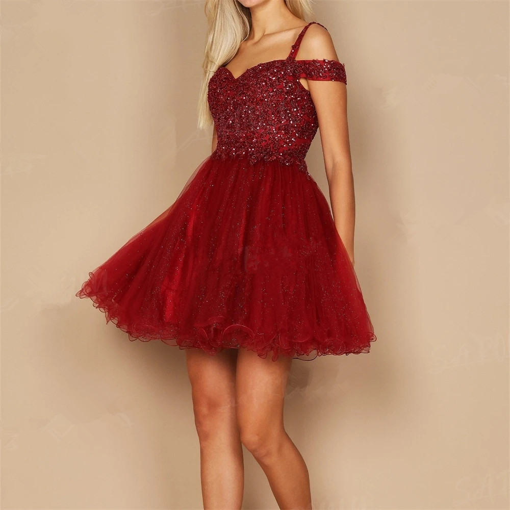 Short Sparkle Off Shoulder Prom Dress Beaded Tulle Homecoming Dress Robes De Cocktail Vestidos De Gala Birthday Dress YD