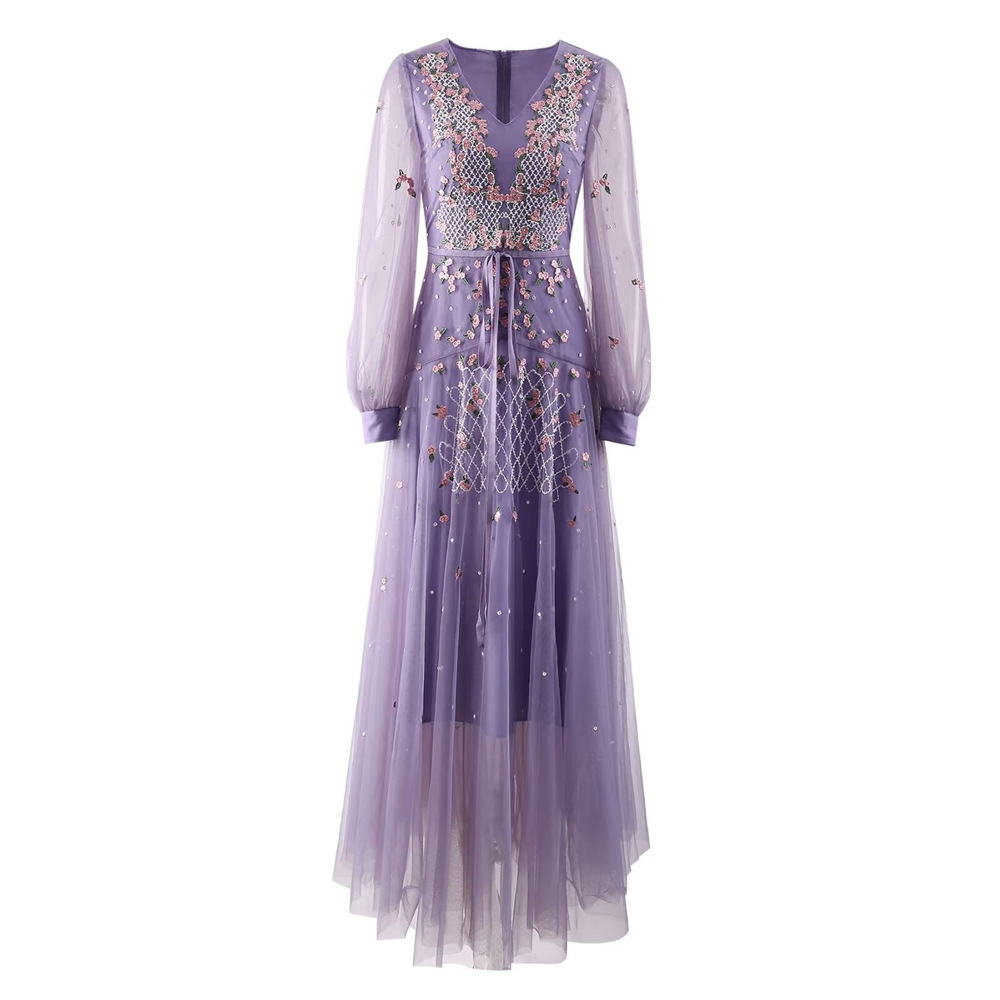 2024 Spring Purple Contrast Color Brodery Dress Long Sleeve V-Neck Tulle midja bälte Long Maxi Casual Dresses A4J09