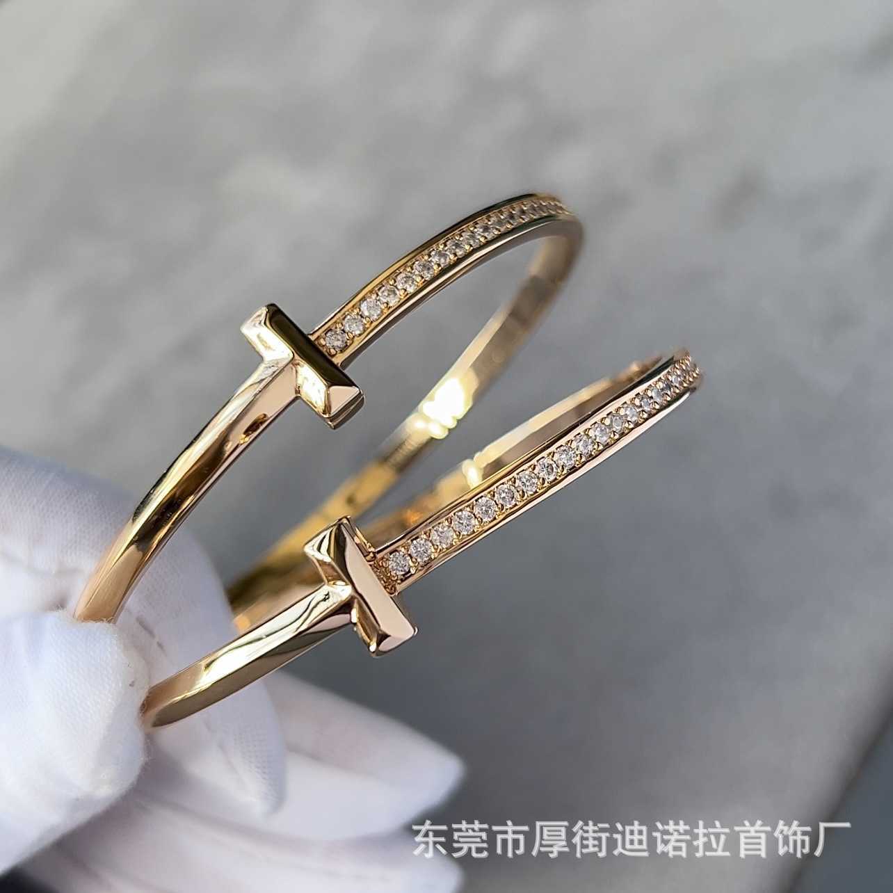 Tiffanyans High Quality Narrow T1 Full Diamond Rose Family Letter Double t Women's 18k Gold Plated Bracelet Light Luxury