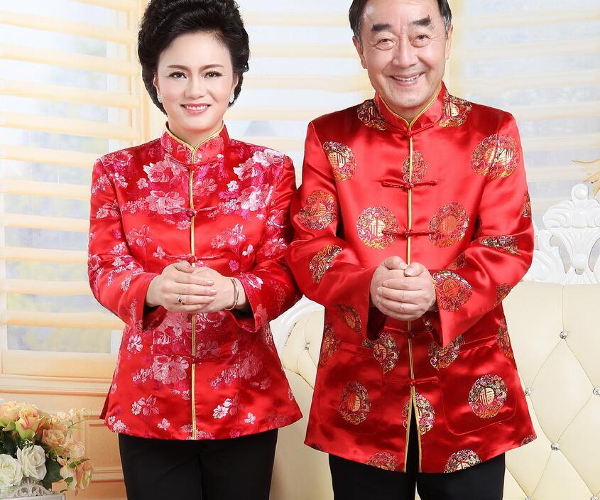 Kinesisk traditionell kostym födelsedag nyårsfest bröllop män kvinnor tang kostym satin broderad blommor jacka casual pälsen