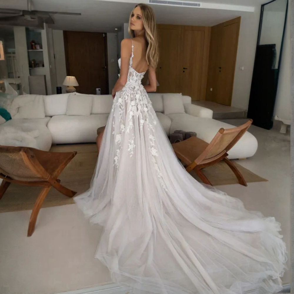 Beach Boho Wedding Dress for Bride Sheer Sleeveless Spaghetti Straps Sexy High Split Tulle Beaded Lace Wedding Gowns for Marriage for Nigeria Black Women NW031