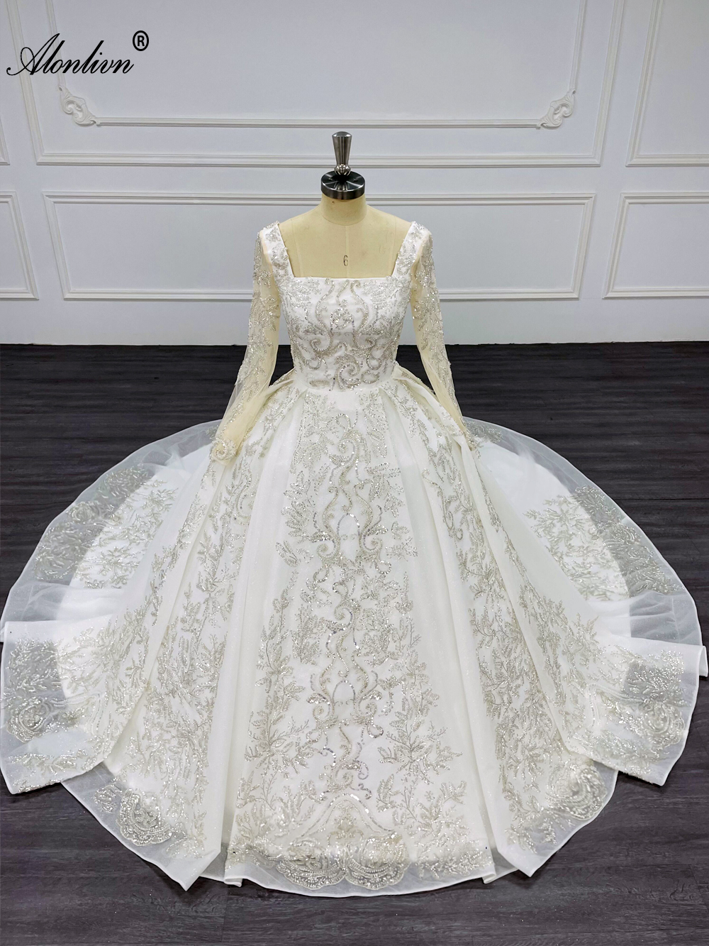 Alonlivn100% Real Photos Luxury Square Collar A Line Wedding Dress With Beading Rhinestones Pearls Embroidery Lace Full Sleeve Bridal Gowns