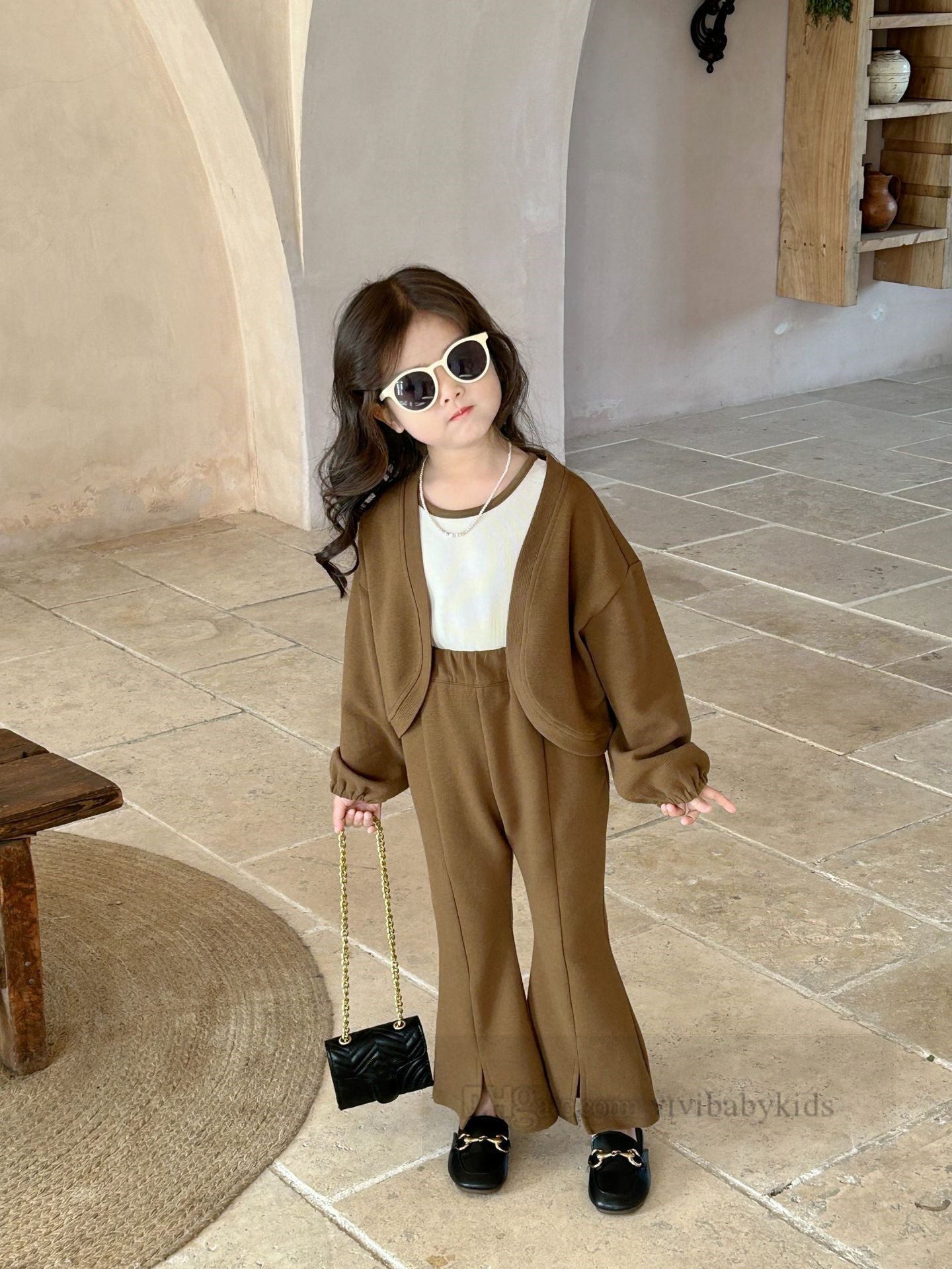 2024 Spring Girls Clothes Set Kids Bottoming Tank Top Long Sleeve Cardigan Split Flare Pants 3st Lady Style Children Outfits Z6692