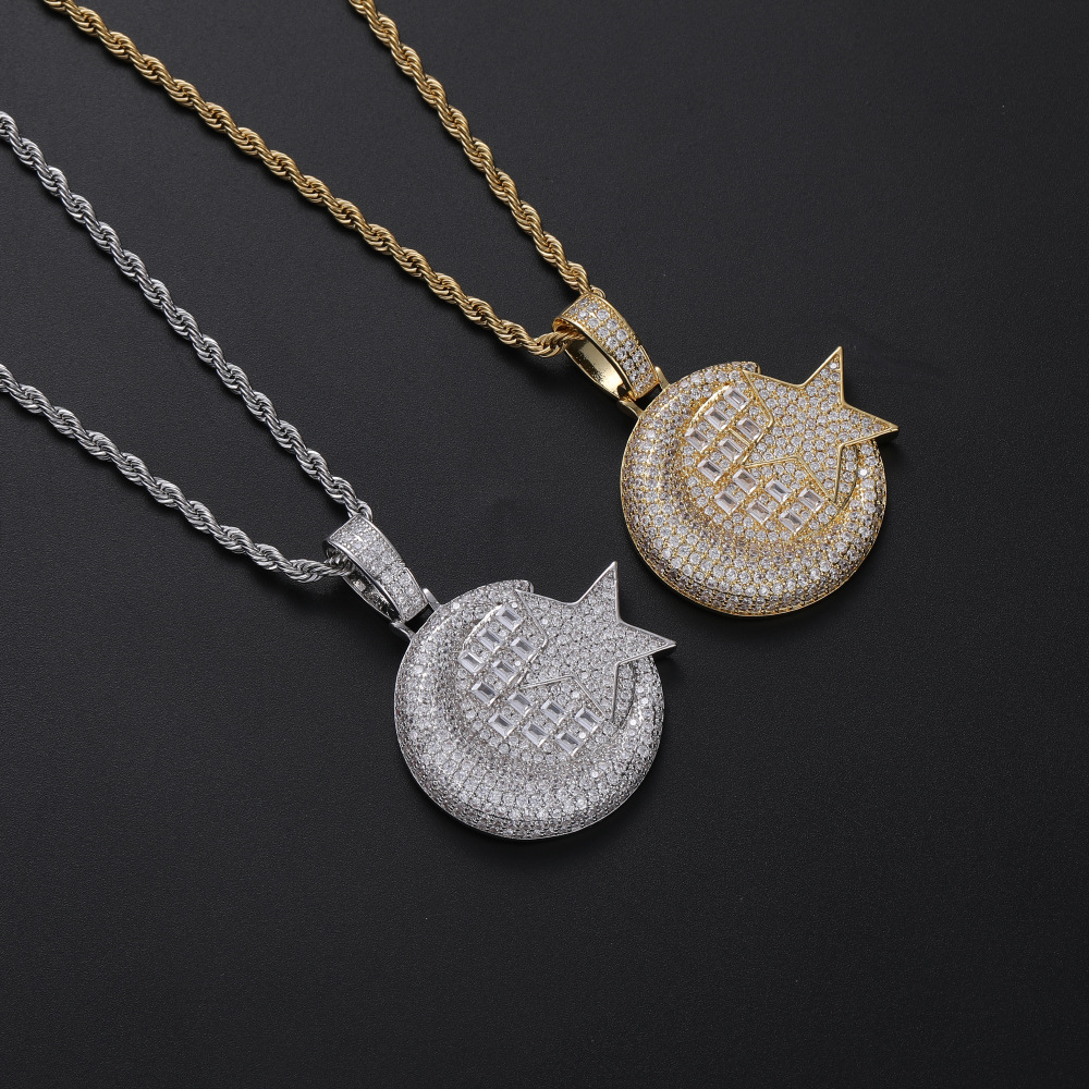 Hip Hop – collier avec pendentif grande étoile et lune pour femmes et hommes, cadeau complet en Zircon 5A, plaqué or véritable 18 carats, bijoux cadeau