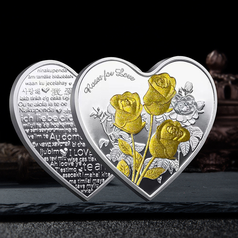 Rose Comemorativa Moeda Commemorativa em forma de coração Coleção colecionável 52 Idiomas I Love You Coin Art Collection Silver Valentine Day Gift Hz101