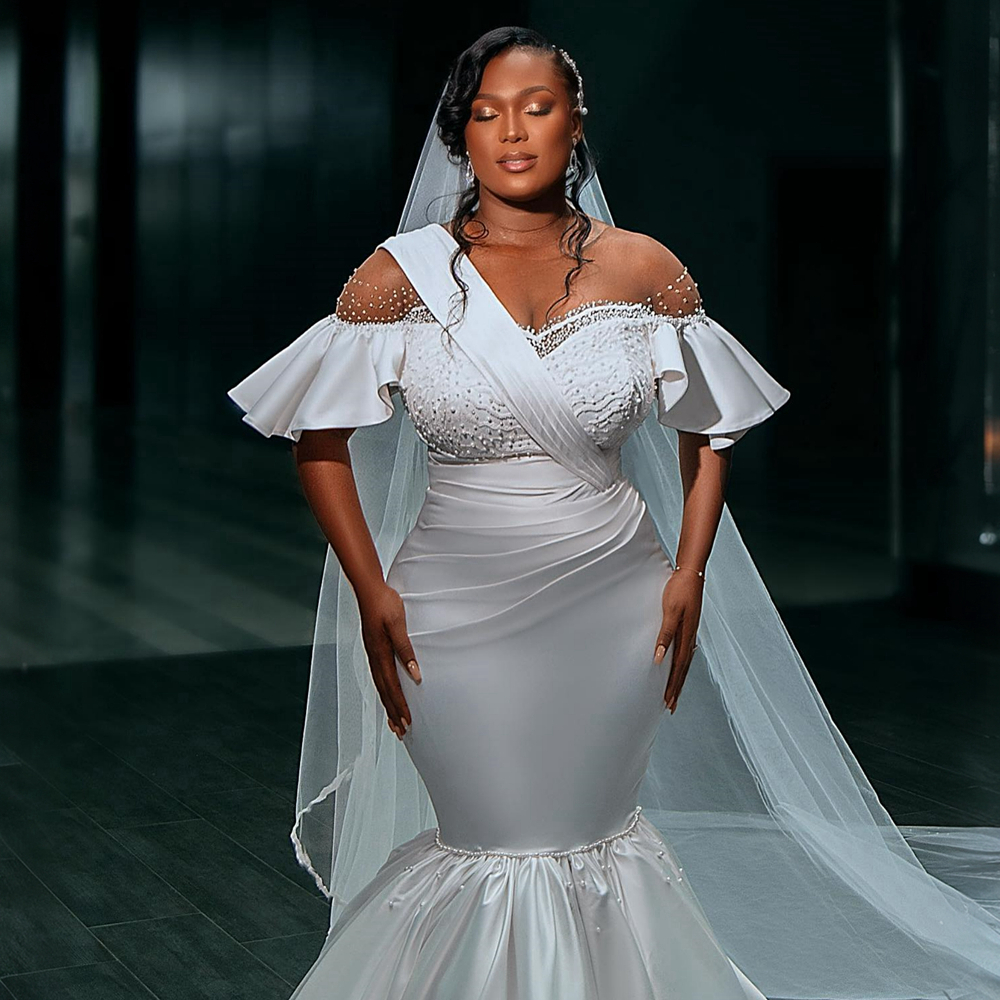 Vestido de novia de sirena de lujo para novia, ilusión, cuello transparente, hombros descubiertos, encaje de tul, vestidos de novia de satén con cuentas para matrimonio para mujeres negras de Nigeria NW028