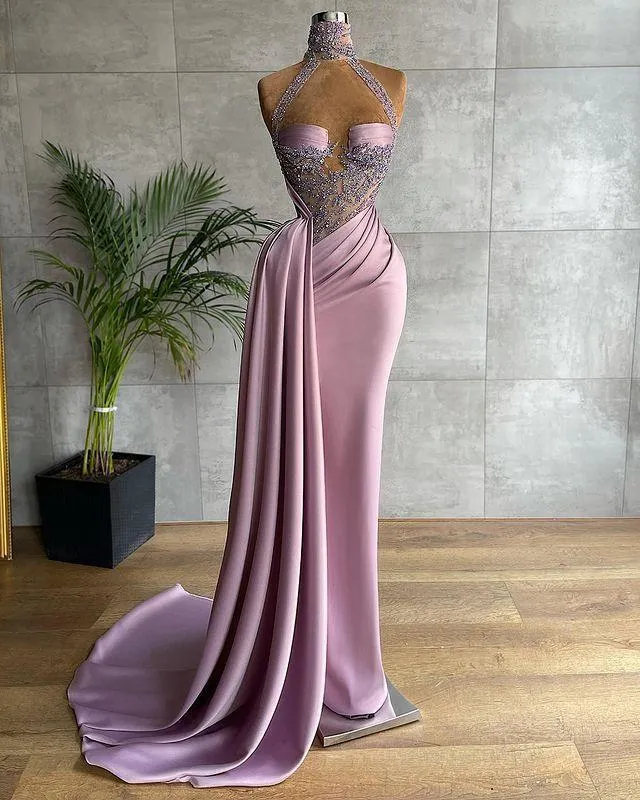 Sexy Sweetheart Long Satin Prom Dresses With Detachable Train Lace Appliques Beaded High Neck Special Occasion Gowns 2024 Women Formal Evening Dress