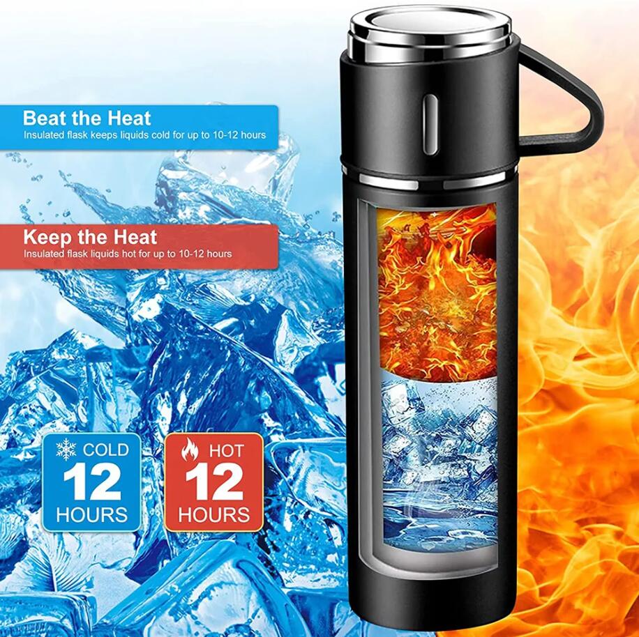 Garrafa térmica de água portátil de 500ml, copo de vácuo de metal, aço inoxidável, garrafa de água isolada, criativa para bebidas quentes, água fria