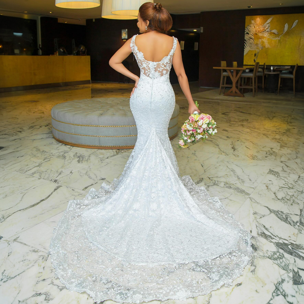 Abito da sposa a sirena interamente in pizzo la sposa Taglie forti Maniche con collo trasparente Abiti da sposa in pizzo con perline senza spalline in pizzo matrimonio le donne nere della Nigeria NW017