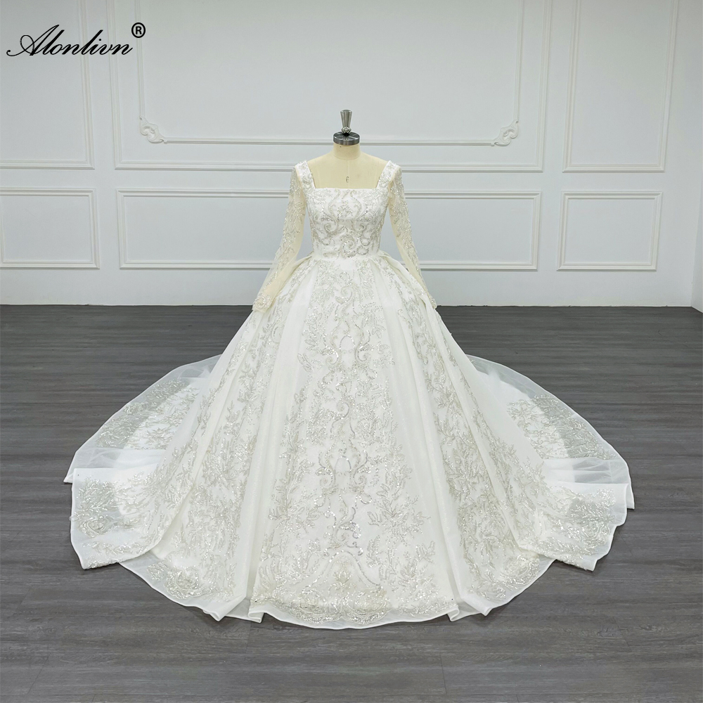 Alonlivn100% Real Photos Luxury Square Collar A Line Wedding Dress With Beading Rhinestones Pearls Embroidery Lace Full Sleeve Bridal Gowns