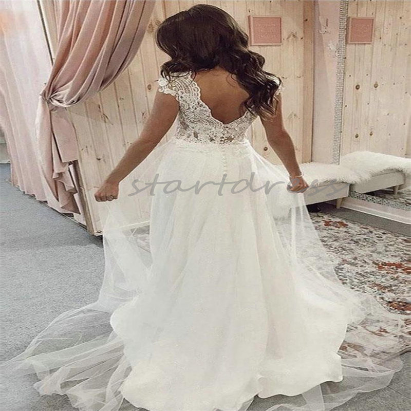 Chic Bohemian Wedding Dress Sexy V Neck A Line Tulle Lace Boho Wedding Dresses 2024 Backless Floor Length Country Style Celtic Beach Bridal Gown Elegant Robe De Mariee