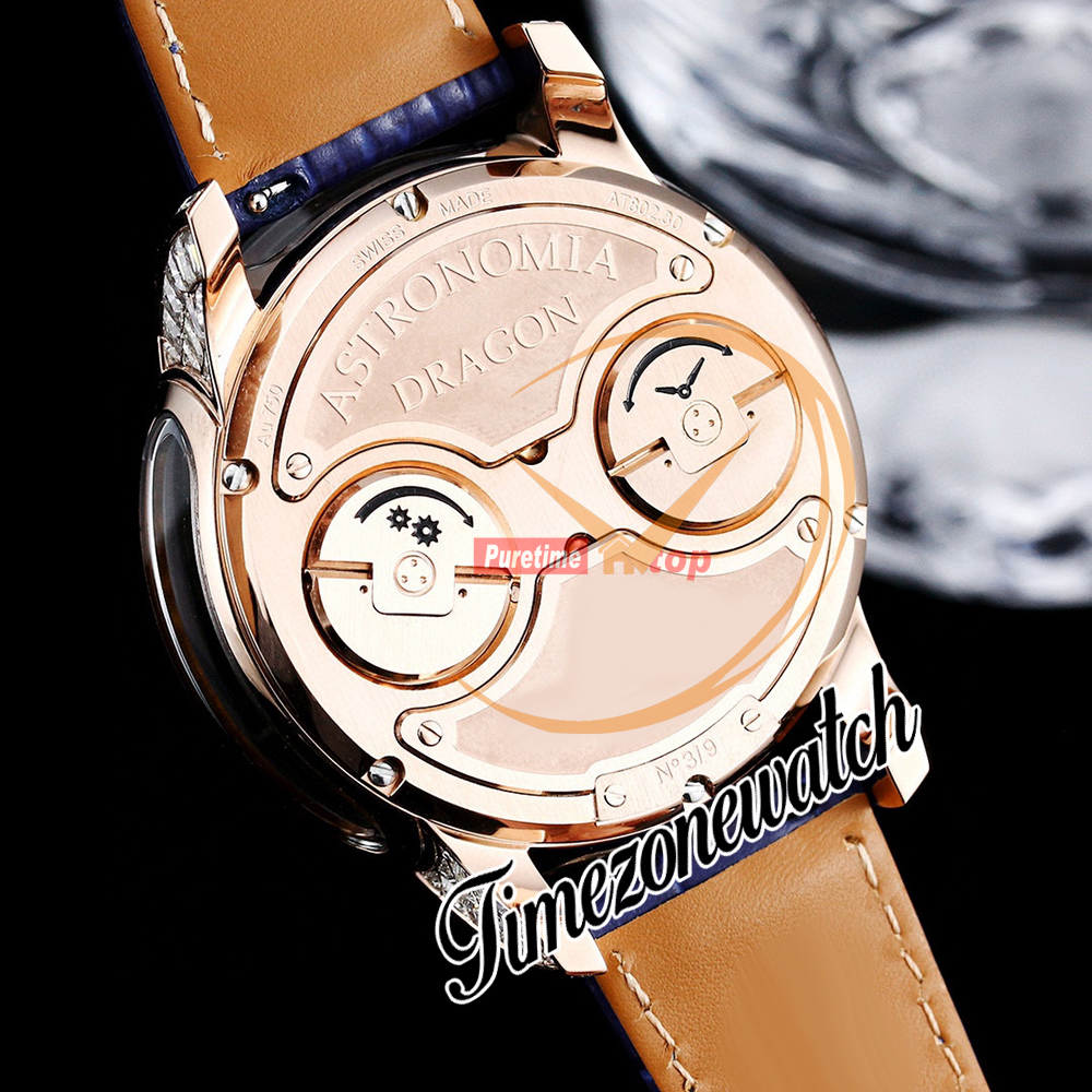 RMF AT802.50.DR Astronomia Tourbillon Механические мужские часы Iced Out Падение Багет с бриллиантами Желтое золото 3D Art Dragon Dial Leather Super Edition Timezonewatch A06E