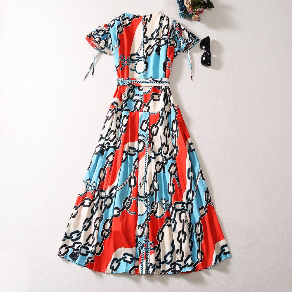 2024 Spring Multicolor Contrast Color Dress Kort ärm V-Neck Midi Casual Dresses A4J121440