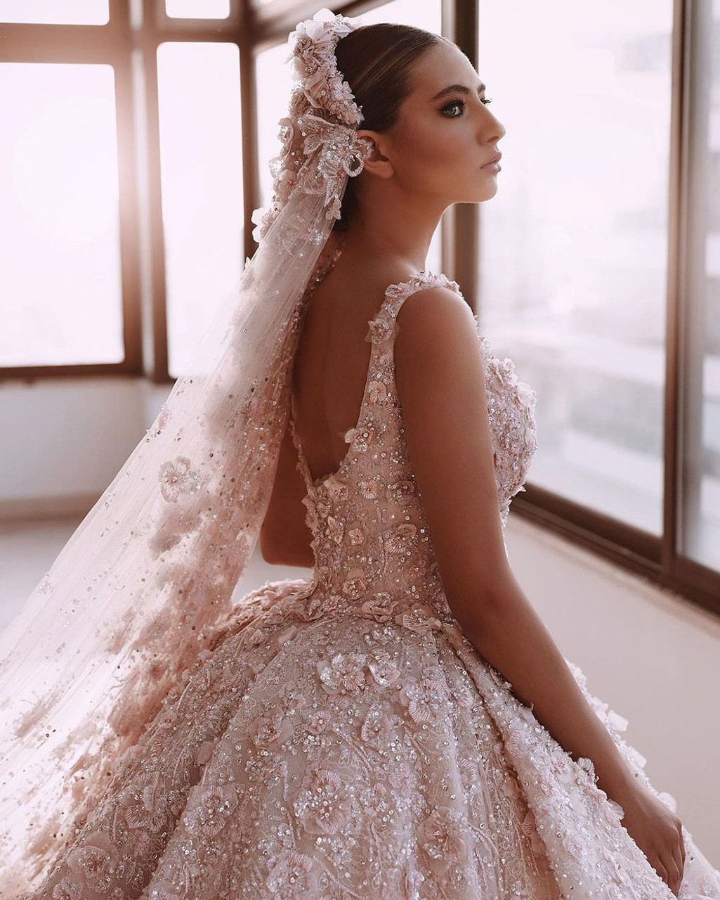 Alonlivn Elegante abito da ballo con fiori 3D Abito da sposa senza maniche Colletto quadrato Abiti da sposa in pizzo lucido