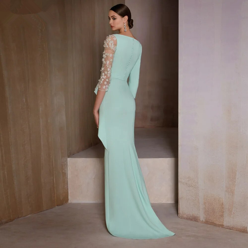 Mint Long Cocktail Prom Dresses Draped Bodice V-formad halsringning Franska ärmar Rhinestones crepe sjöjungfru aftonklänning plus storlek yd