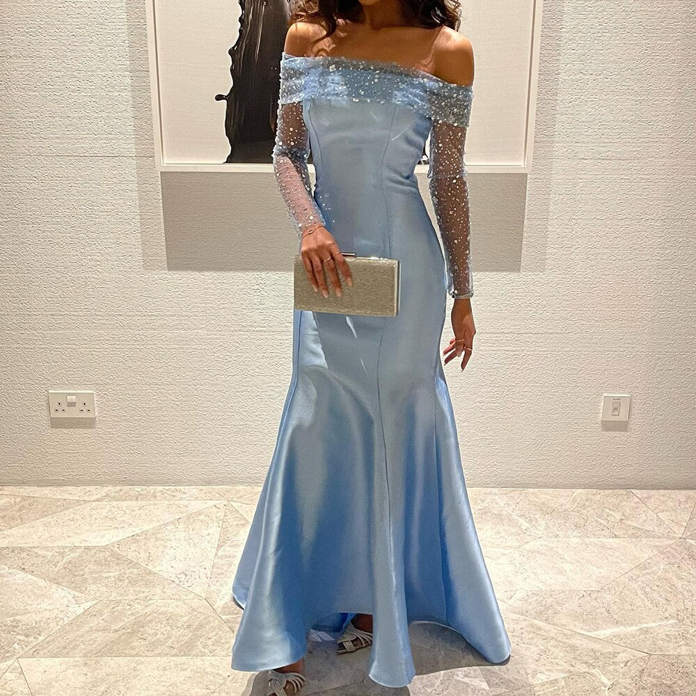Sky Blue Modern Mermaid prom Dresses Sleeveless Strapless Crystal Beaded Party Dress Plus Size Robe Mariage 2024 YD