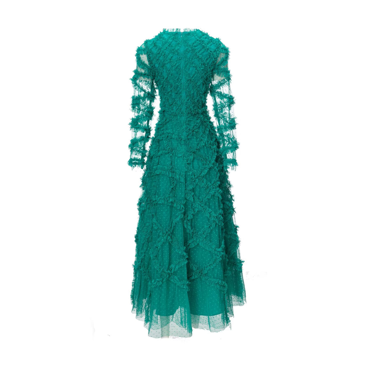 Robe longue à panneaux en Tulle, couleur unie, vert, manches longues, col rond, Maxi, décontractée, printemps 2024, A4J121440