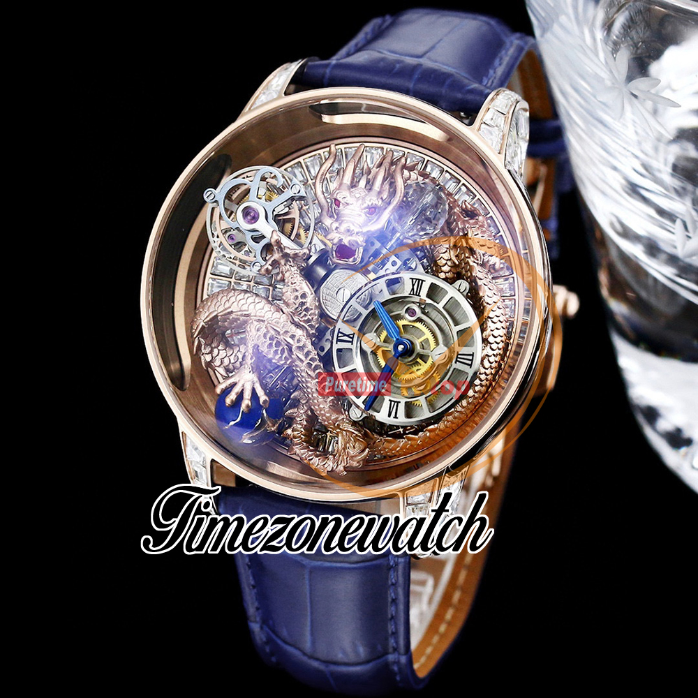 RMF AT112.31.DR Astronomia Tourbillon Mechaniczne męże obserwuj zamrożone Paved Bagieette Diamonds 3D Art Black Dragon Dial Skórzane Super Edition TimeZoneWatch A06A