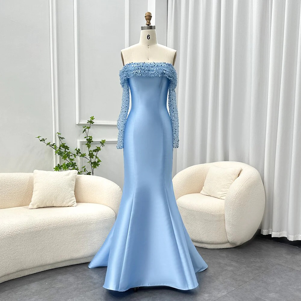 Sky Blue Modern Mermaid prom Dresses Sleeveless Strapless Crystal Beaded Party Dress Plus Size Robe Mariage 2024 YD