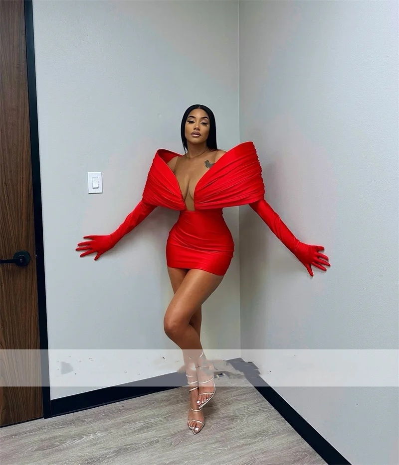 Exquisite New Arrival Red Short Prom Gown With Two Gloves Off Shoulder Birthday Party Cocktail Dresses Robe De Bal Custom-Made