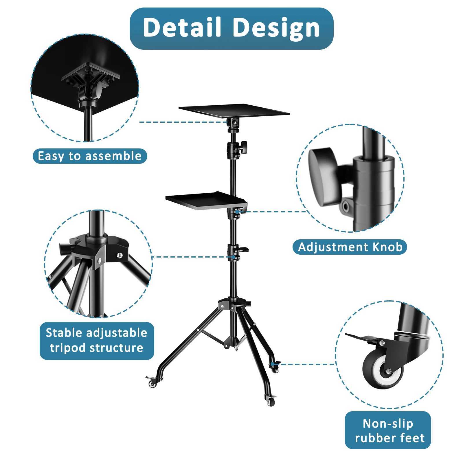 Tripodlar Taşınabilir Projektör Zemin Stand Ayarlanabilir Yükseklik Projektör Tripod Stand 2 Raf Dizüstü Bilgisayar Tripodu İki Clipl240115 ile tekerlekler