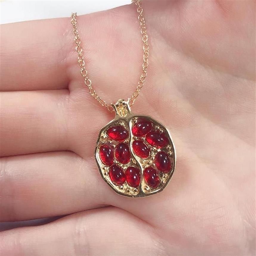 Pendentif Colliers Vintage Fruit Frais Rouge Grenat Collier Classique Or Couleur Résine Pierre Grenade Bijoux Pour Femmes Gift229t