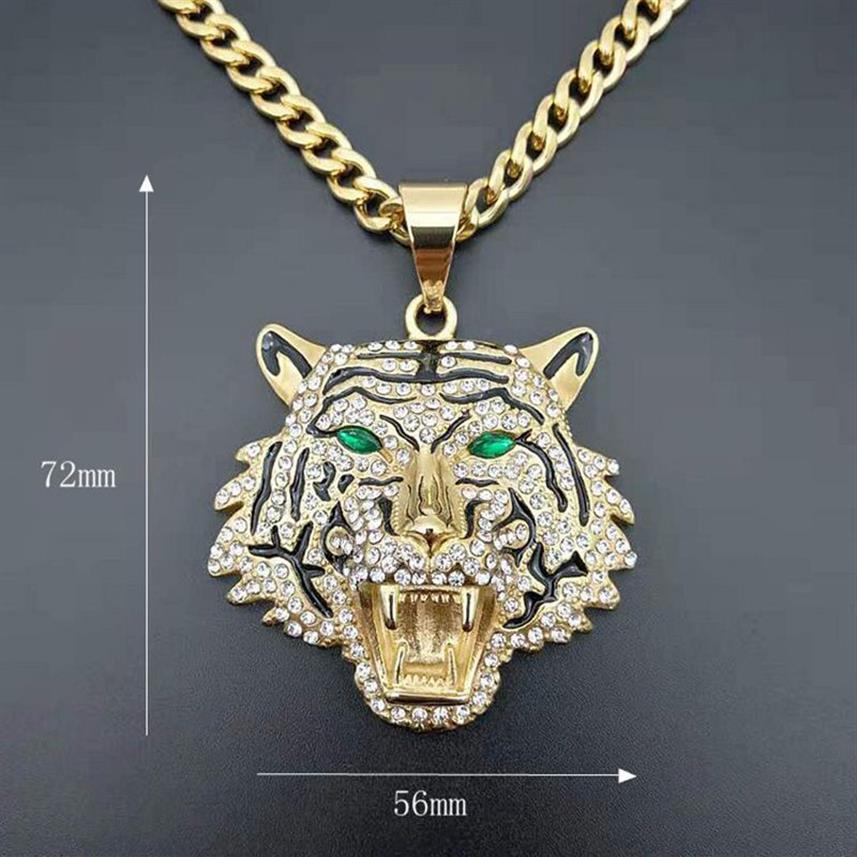 Hip Hop Rhinestones Paved Bling Iced Out GoldStainless Steel Big Tiger Pendants Necklace for Men Rapper Jewelry with cuban chain2605