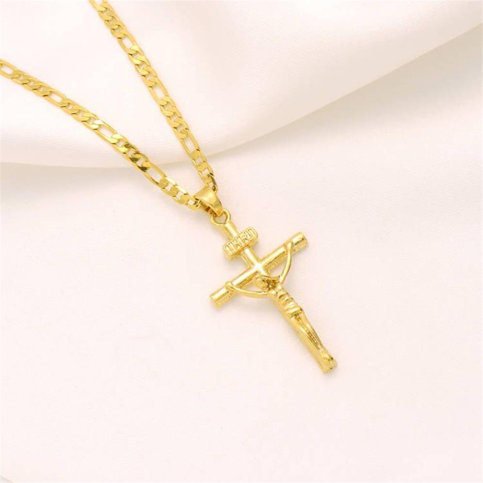Italiano inri jesus crucifixo cruz pingente figaro link corrente colar 9k amarelo ouro sólido gf 60cm 3mm feminino mens318c