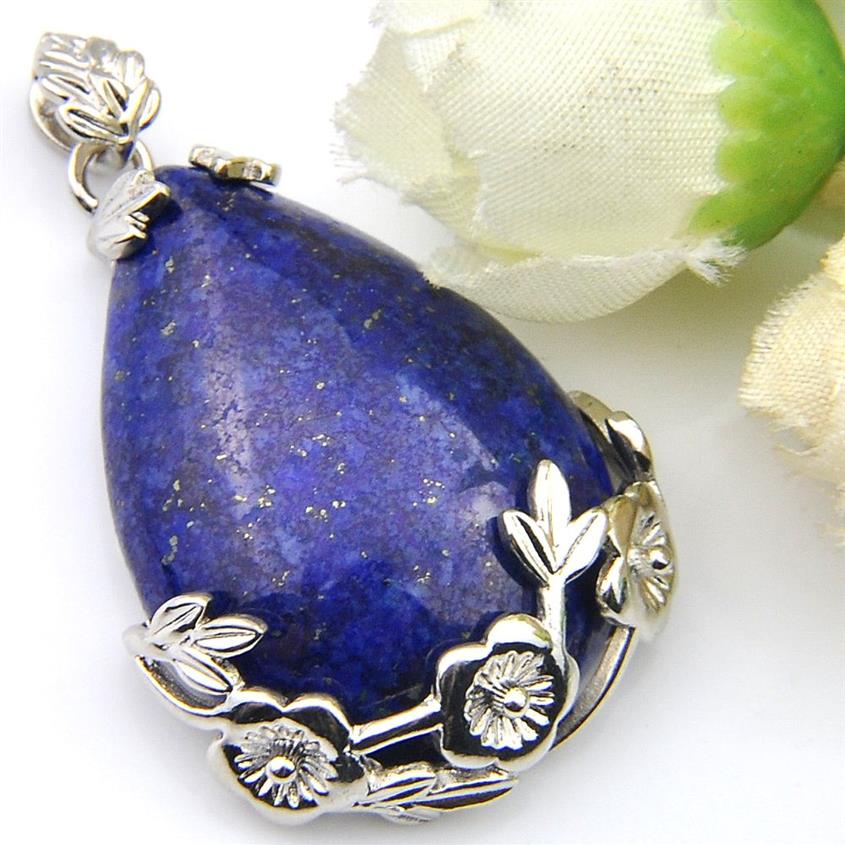 Luckyshien nouveau fait à la main naturel Lapis Lazuli pendentifs Vintage argent élégant fleur de prunier pendentif collier bijoux pour femmes Pendan238d