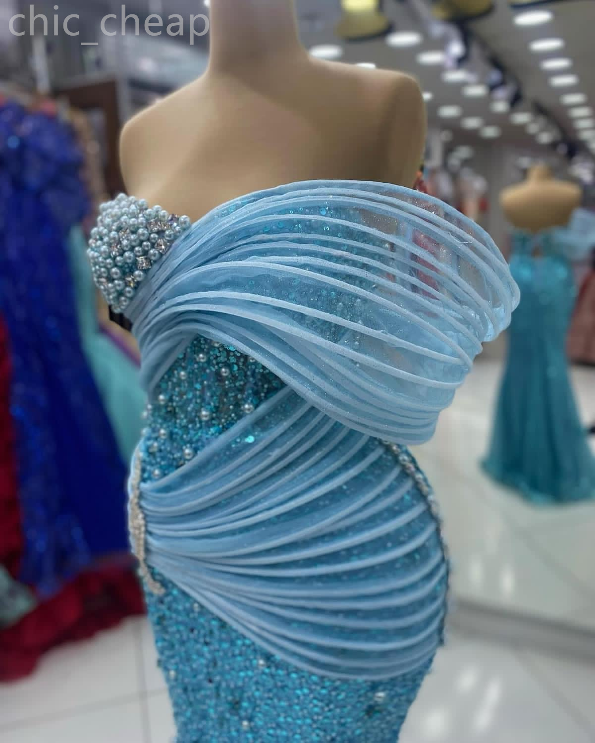 2024 Aso Ebi Sky Blue Mermaid Vestido de fiesta Perlas Cristales Lentejuelas Noche Fiesta formal Segunda recepción Cumpleaños Vestidos de compromiso Vestidos Robe De Soiree ZJ44