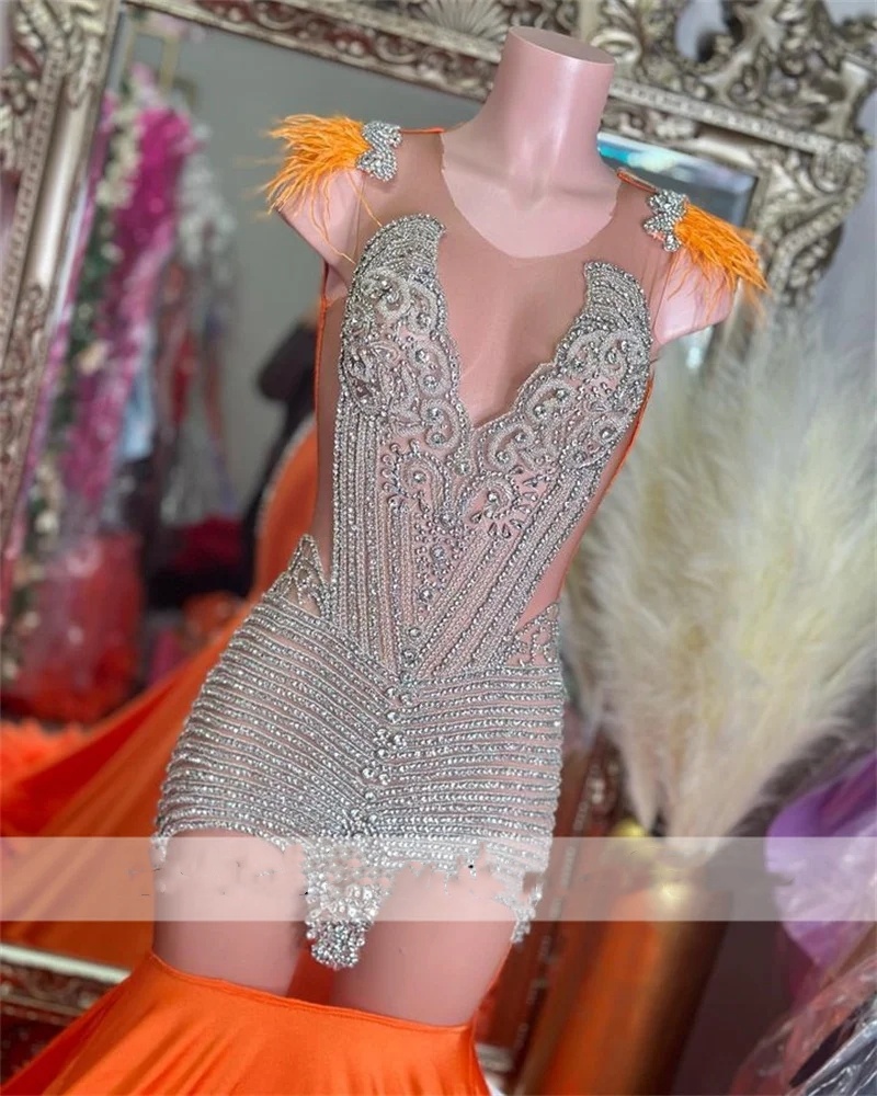 Sparkly Orange Long Prom Dress 2024 For Black Girls Beads Crystals Plus Size Feathers Birthday Party Gowns Robe