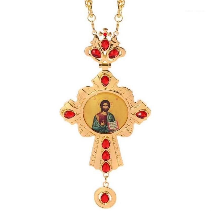 Pendentif Colliers Croix Collier Zircons Cristaux Église Chrétienne Or Prêtre Crucifix Orthodoxe Baptême Cadeau Icônes Religieuses Pe3086