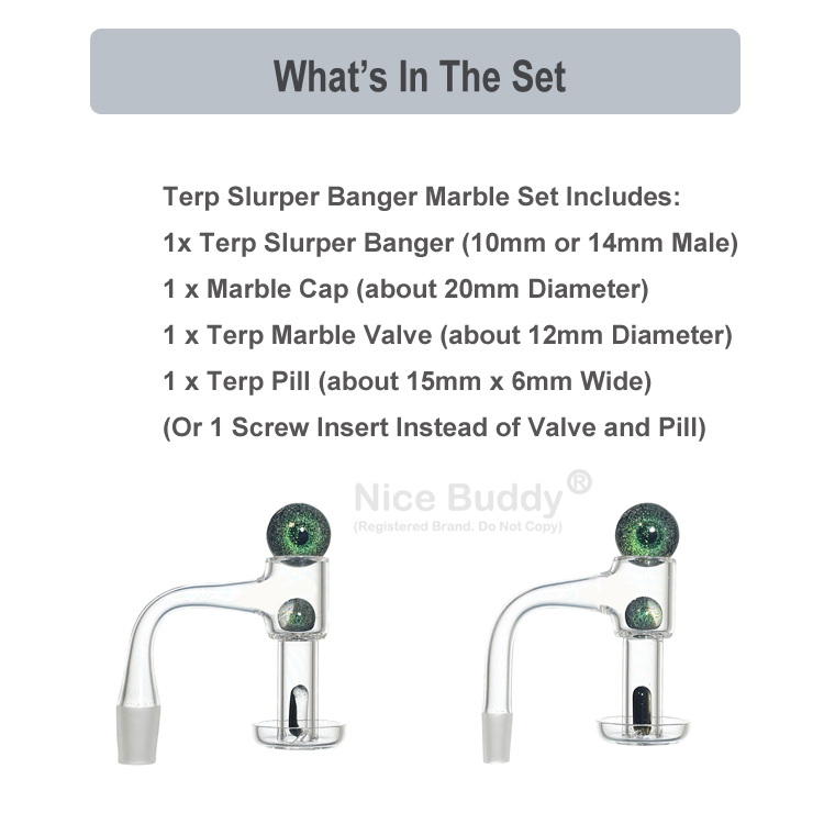 Quartzpro Full Weld Banger Terp Slurper Glass Marble Beads -10mm 14mm 남성 경사 가장자리 석유 버너 버킷 12 색 스피닝 삽입물