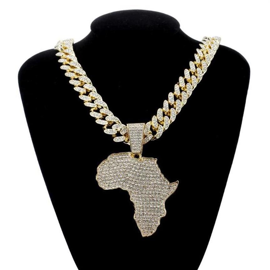 Pendant Necklaces Fashion Crystal Africa Map Necklace For Women Men's Hip Hop Accessories Jewelry Choker Cuban Link Chain Gif2317