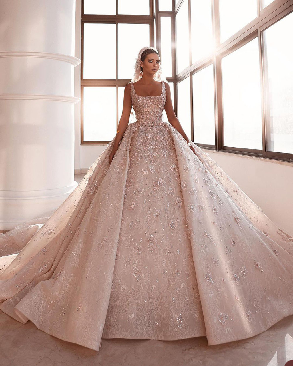 Alonlivn Elegante abito da ballo con fiori 3D Abito da sposa senza maniche Colletto quadrato Abiti da sposa in pizzo lucido