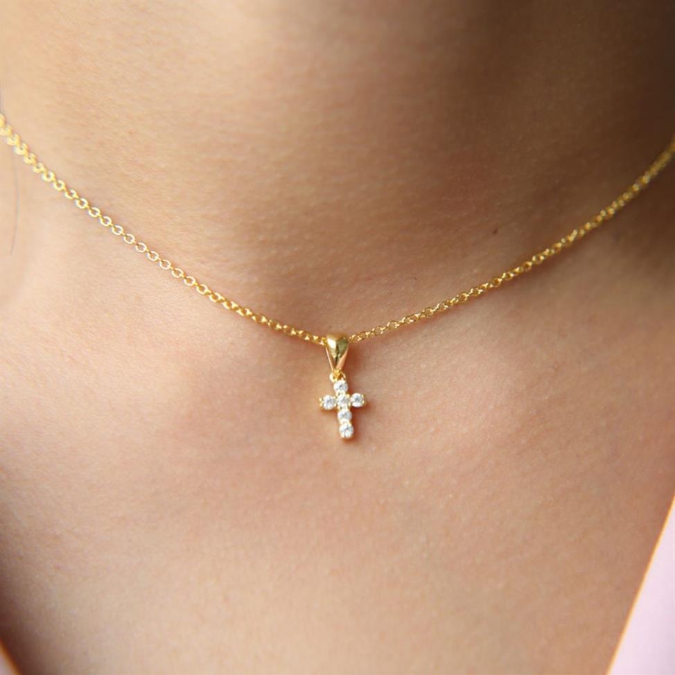 high quality gold filled 925 sterling silver pave tiny cute cross pendant chocker necklace designer necklace for women1738