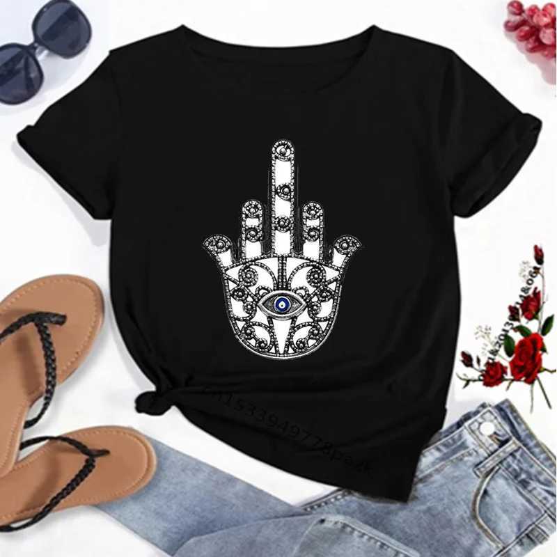 Hamasa Hand of Fatima Print Women's T-Shirts Lucky Hamsa Hand Harajuku Unisex T Shirts Summer Short Sleeve Black Top Tees Female