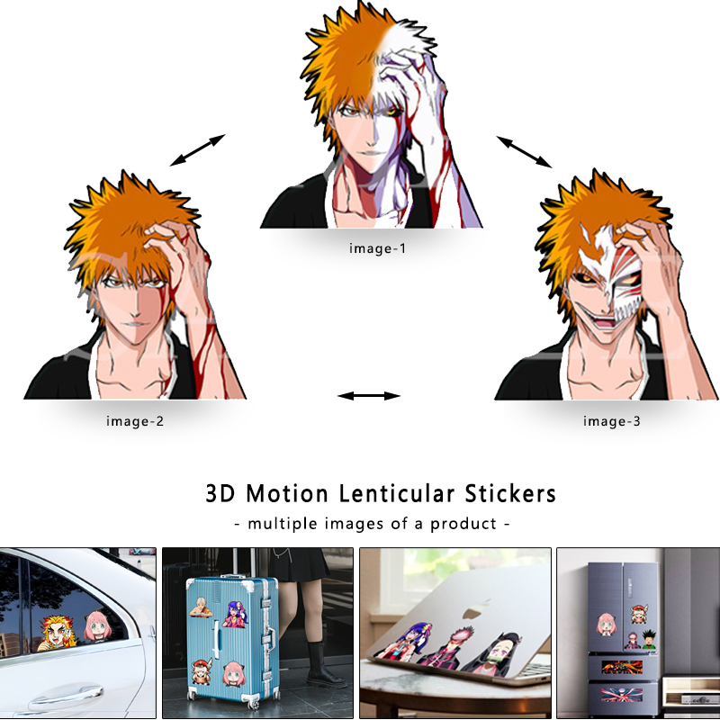 3D Anime Motion Lenticular Stickers Bleach Kurosaki Ichigo Waterproof Decals for Cars, Laptop, Kylskåp, resväska, vägg, fönster osv. Toy Gift