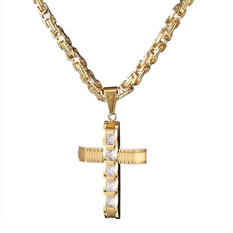 Rock Men's 316L Stainless Steel Rhinestone Cross Pendant Necklace Jewelry Gift Byzantine Box Chain 20-40inch1307g