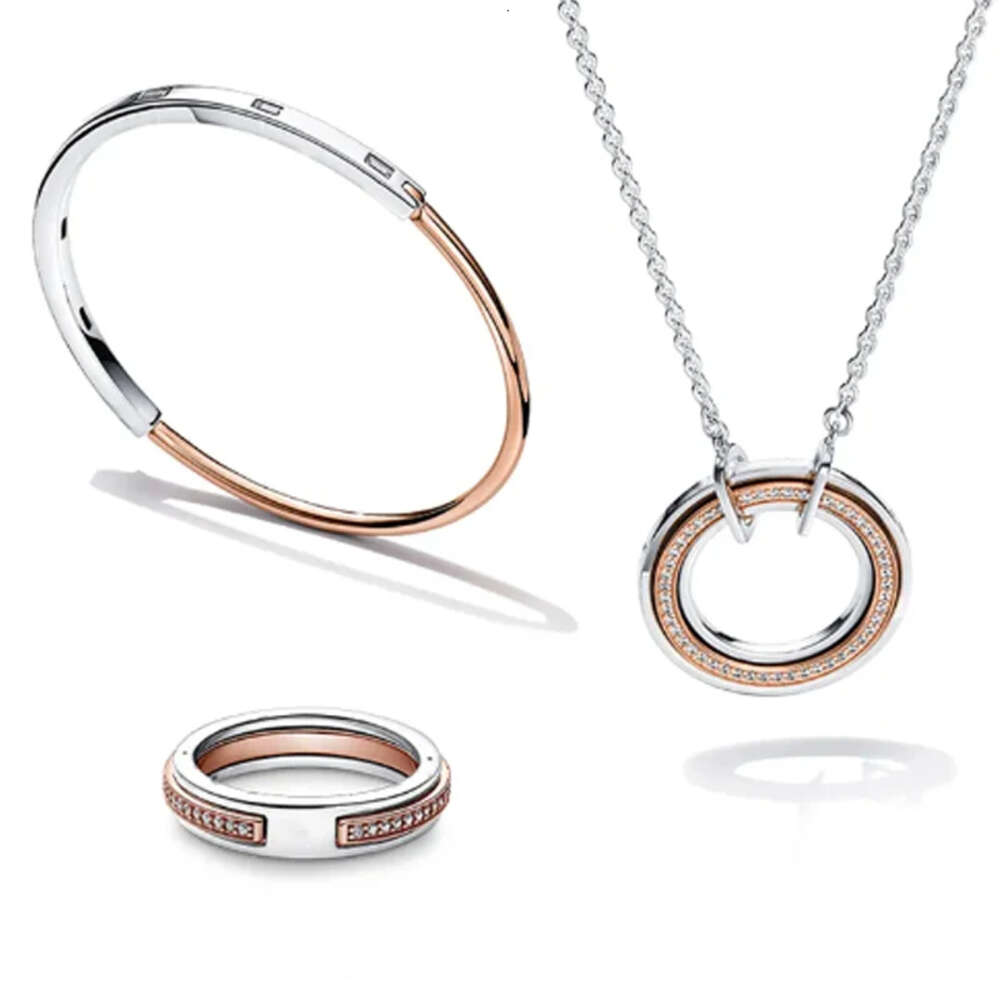 Новый Sier покрытие розового золота двойной круглый бриллиант кулон ожерелье спин кольцо браслет-цепочка оригинальные ювелирные изделия