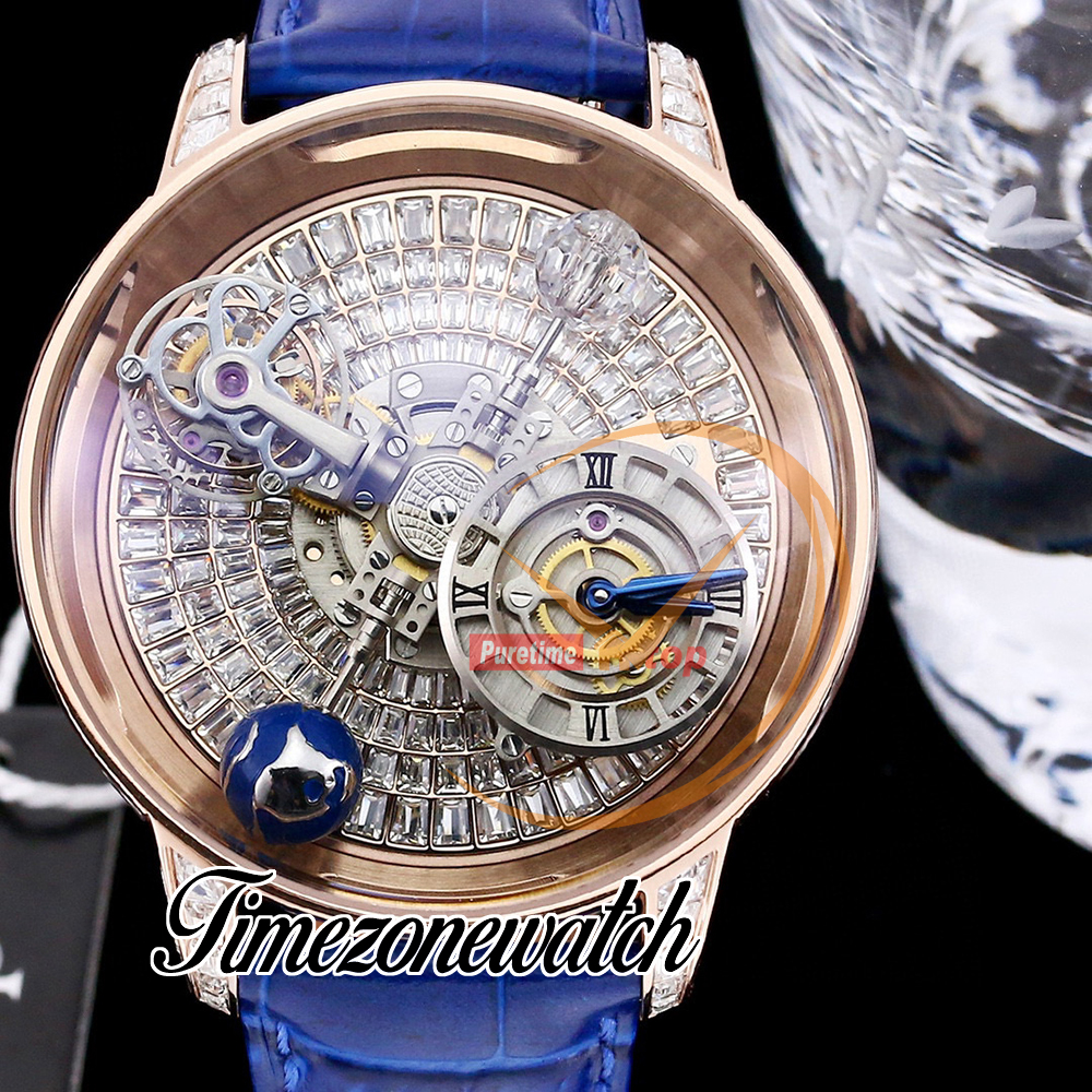 RMF AT800.40 Astronomia Tourbillon Mechanical Mens Watch Rose Gold Case Paled Baguette Diamonds Skeleton Dial Leather Strap Super Edition TimezoneWatch A05A