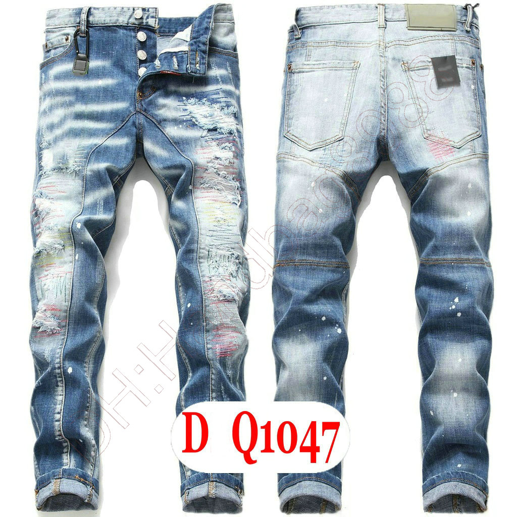 Mens Jeans Luxury Italy Designer Denim Jeans Men Embroidery Pants DQ21039 Fashion Wear-Holes splash-ink stamp Trousers Motorcycle riding Clothing US28-42/EU44-58