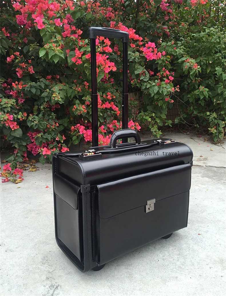 Bavullar taşıyan 19 inç gerçek inek deri havayolu pilotu arabası bagaj kabin Bavul seyahat çantası iş için Q240115